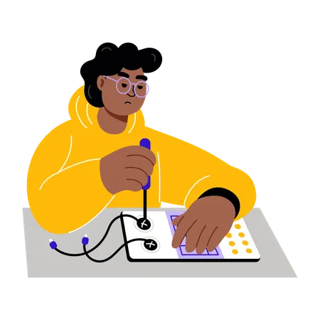 Boy working with circuit board  Illustration