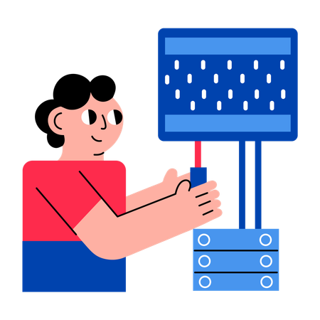 Boy working with data server  Illustration