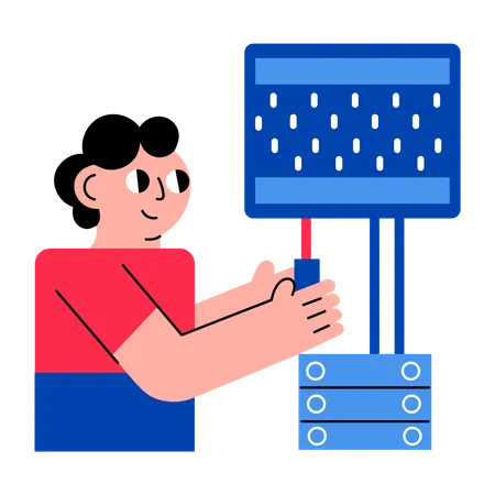 Boy working with data server  Illustration
