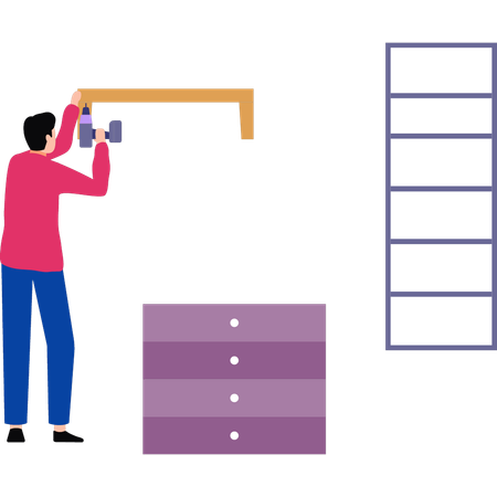 Boy working with drill machine  Illustration