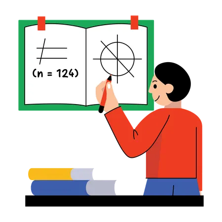 Boy write notes formula in math notebook  Illustration