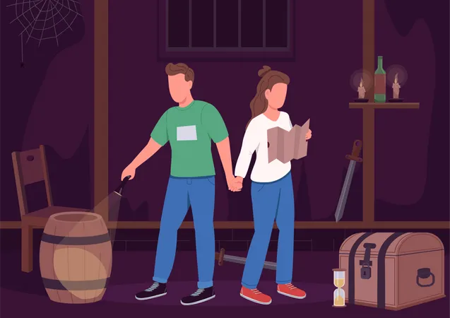 Boyfriend and girlfriend on date at escape room  Illustration