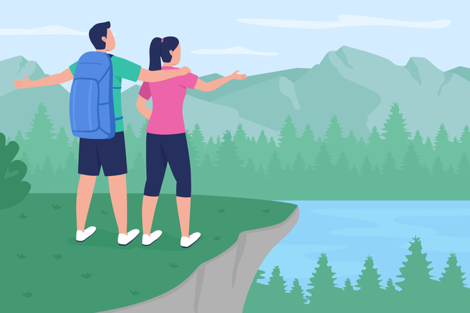 Boyfriend and girlfriend standing on mountain peak Illustration