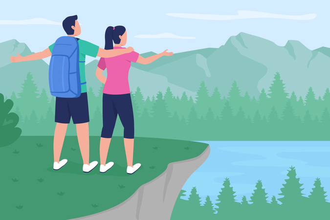 Boyfriend and girlfriend standing on mountain peak  Illustration