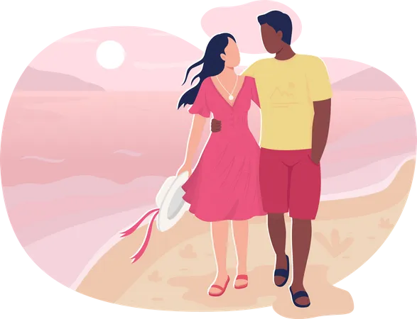 Boyfriend And Girlfriend Walk In Beach 2 D Vector Web Banner Poster Interracial Couple On Vacation Flat Characters On Cartoon Background Ocean Resort Printable Patch Colorful Web Element Illustration