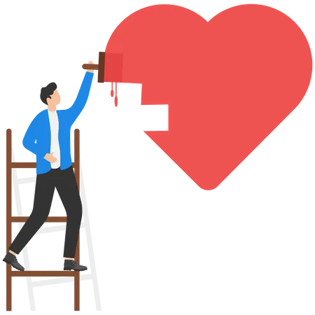 Boyfriend climb up stepladder and in love paint love heart shape  Illustration