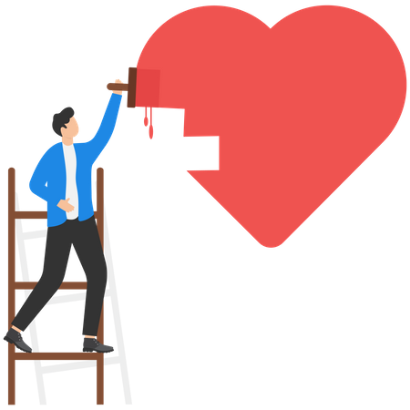 Boyfriend climb up stepladder and in love paint love heart shape  Illustration