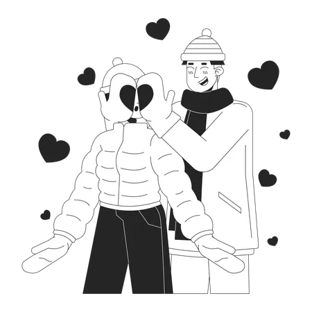 Boyfriend Covering Girlfriend Eyes Guess Who Black And White Cartoon Flat Illustration Cold Weather Asian Couple 2 D Lineart Characters Isolated Romantic Winter Monochrome Scene Vector Outline Image Illustration