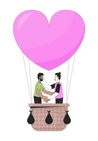 Boyfriends Floating On Hot Air Balloon 2 D Linear Cartoon Characters Enamored Gay Men Couple Isolated Line Vector People White Background Romantic Date Ballooning Color Flat Spot Illustration Illustration