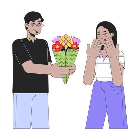 Boyfriend Giving Bouquet Flowers To Girlfriend Line Cartoon Flat Illustration Arab Couple Heterosexual 2 D Lineart Characters Isolated On White Background Romantic Scene Vector Color Image Illustration