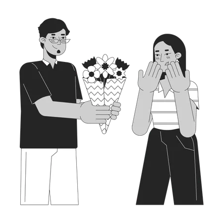Boyfriend Giving Bouquet Flowers To Girlfriend Black And White Cartoon Flat Illustration Arab Couple Heterosexual 2 D Lineart Characters Isolated Romantic Monochrome Scene Vector Outline Image Illustration