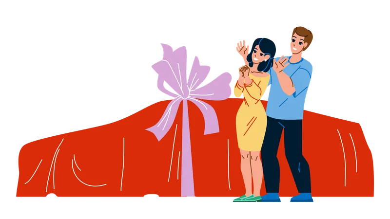 Boyfriend Present Girlfriend Car Surprise Vector Man Presenting Woman Car Gift Decorated Festive Bow Happy Characters Couple Won Automobile In Lottery Together Flat Cartoon Illustration Illustration