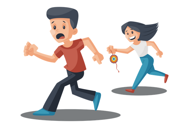 Boyfriend running to avoid girl to tie rakhi  イラスト