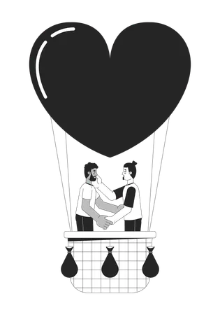 Boyfriends Floating On Hot Air Balloon Black And White 2 D Line Cartoon Characters Enamored Gay Men Couple Isolated Vector Outline People Romantic Date Ballooning Monochromatic Flat Spot Illustration Illustration
