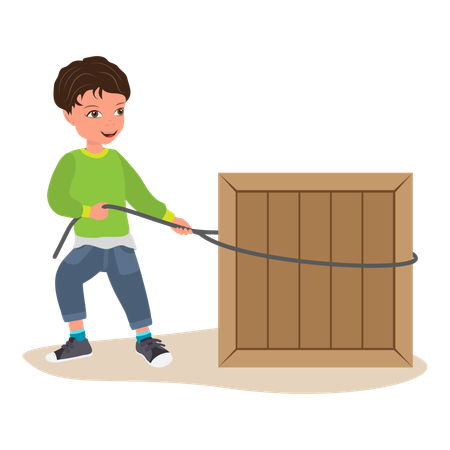 BoyPulling box while learning about force and motion  Illustration