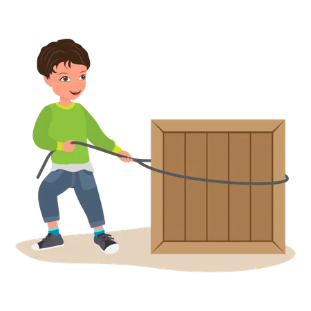 BoyPulling box while learning about force and motion  Illustration