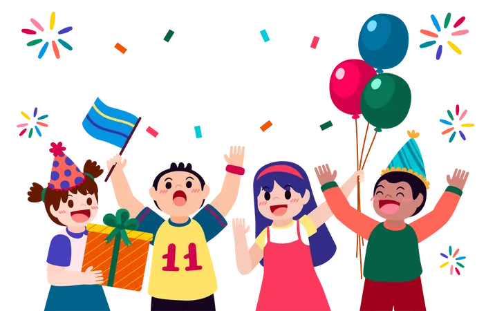 Boys and girls celebrate birthday party Illustration