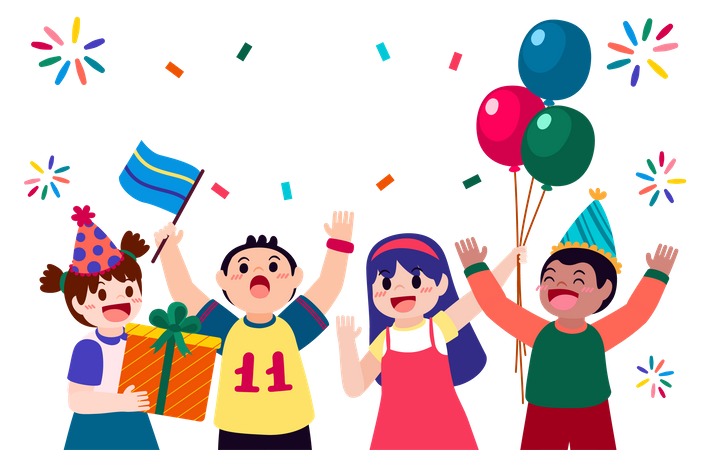 Boys and girls celebrate birthday party  Illustration