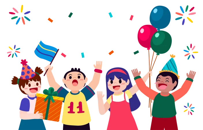 Boys and girls celebrate birthday party  Illustration