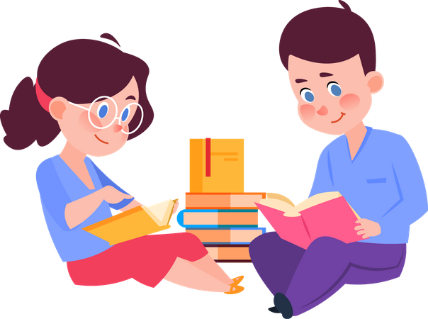 Boys and girls reading book  Illustration