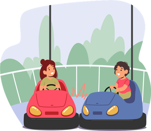 Boys and Girls Riding Carts or Bumper Car Attraction in Amusement Park  Illustration