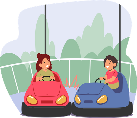 Boys and Girls Riding Carts or Bumper Car Attraction in Amusement Park  Illustration