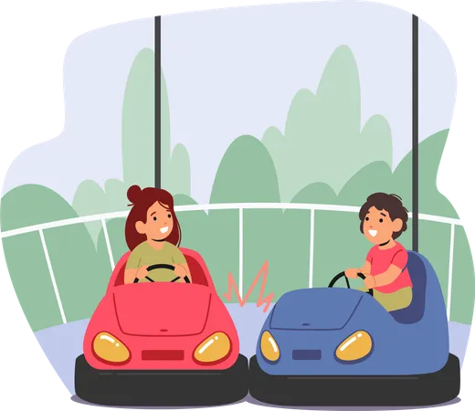 Boys and Girls Riding Carts or Bumper Car Attraction in Amusement Park  Illustration