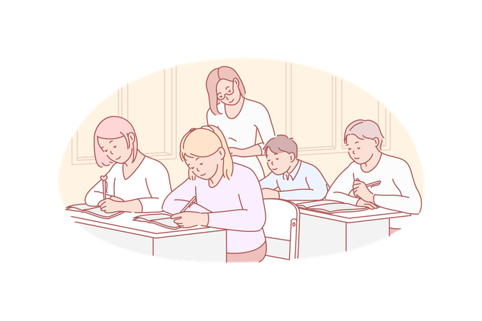 Boys and girls taking educational exam while woman tutor checking their work  Illustration