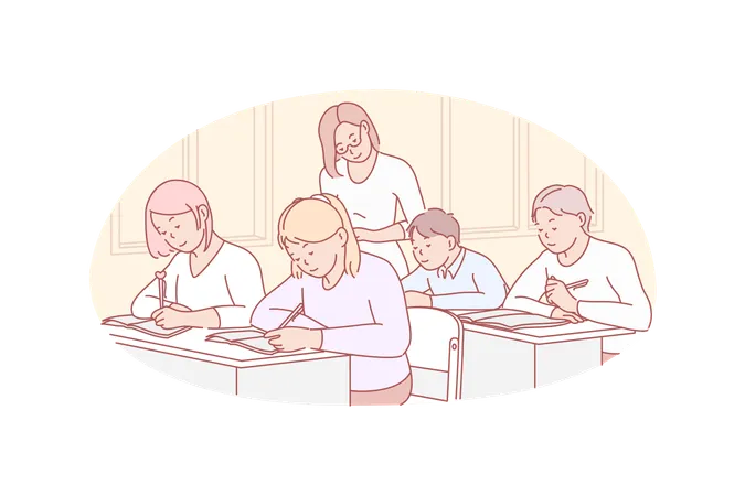 Education Teaching School Concept Young Teacher Examinates School Children Concentrated Group Of Pupils Boys And Girl Take Educational Exam While Woman Tutor Checks They Work Simple Flat Vector Illustration