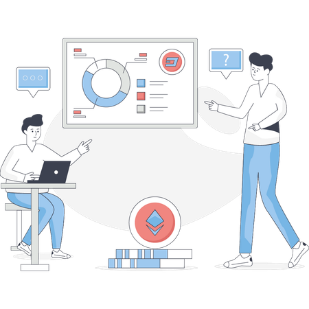 Boys are discuss about bitcoin value in market place  Illustration