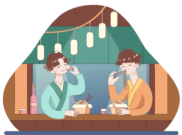Boys are eating chinese noodles  Illustration