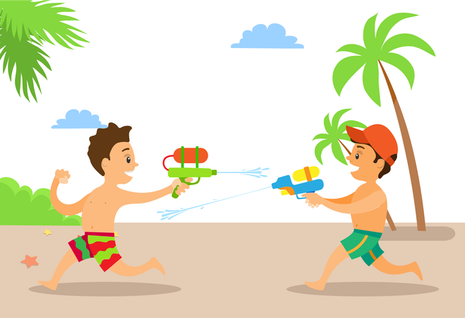 Boys are enjoying with water gun at beach  Illustration
