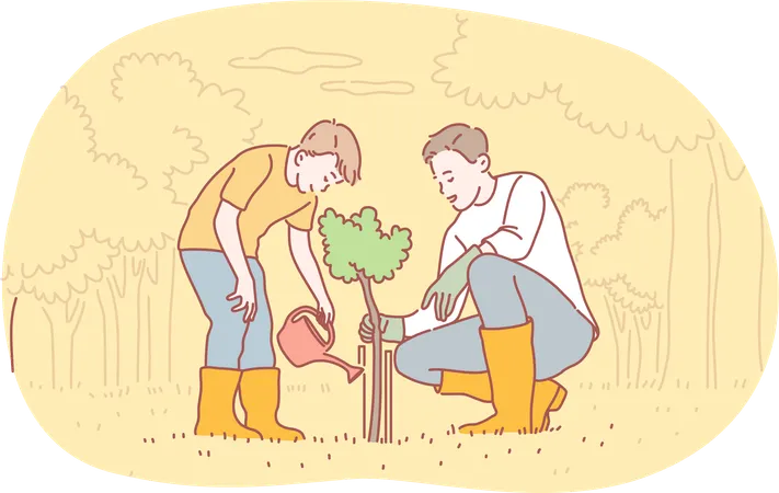Boys are planting trees  Illustration