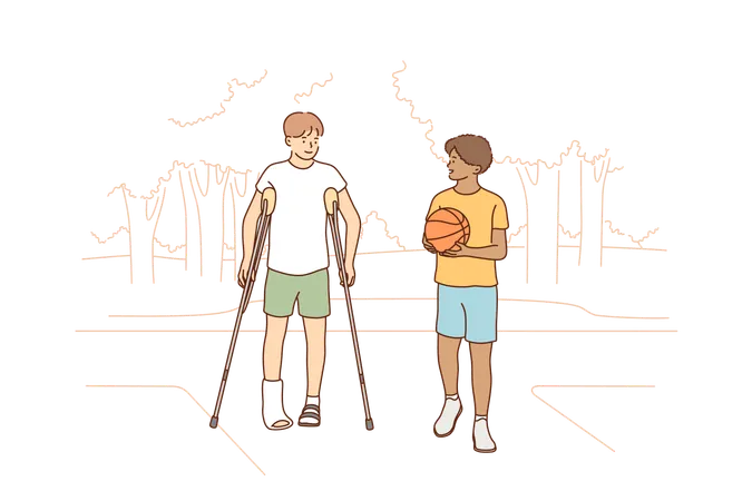 Health Care Sport Basketball Friendship Concept Young Boys Children African American Guy Holding Ball And Disabled Friend With Crutches Walking Together Friendly Support And Rehabilitation Illustration