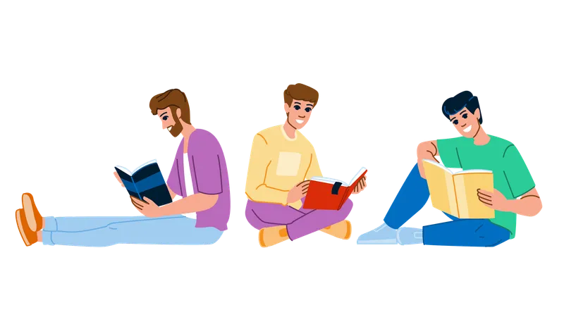 Sitting Man Reading Book Floor Vector Handsome Home Leisure Indoors Happy Young Sitting Man Reading Book Floor Character People Flat Cartoon Illustration Illustration