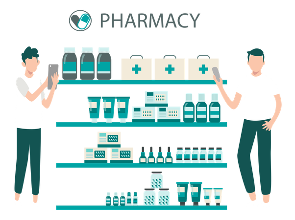 Boys Are Standing In Pharmacy  Illustration