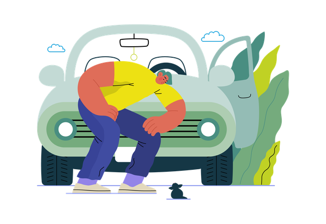 Boy's car breaks down  Illustration