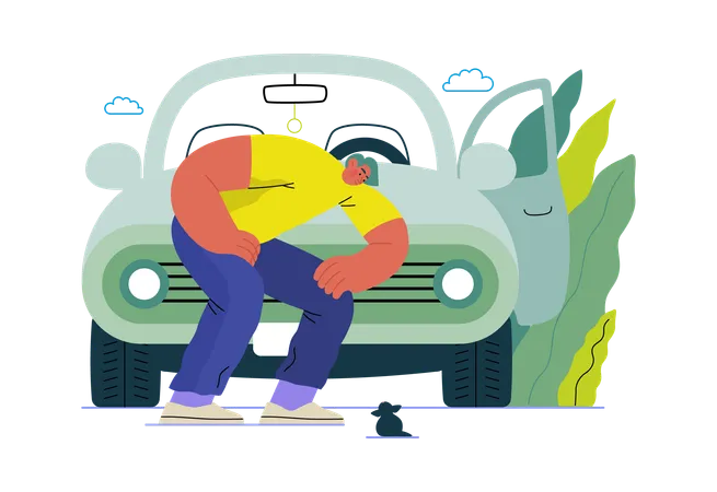 Boy's car breaks down  Illustration