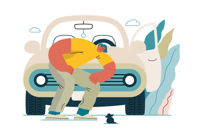 Boy's car breaks down  Illustration