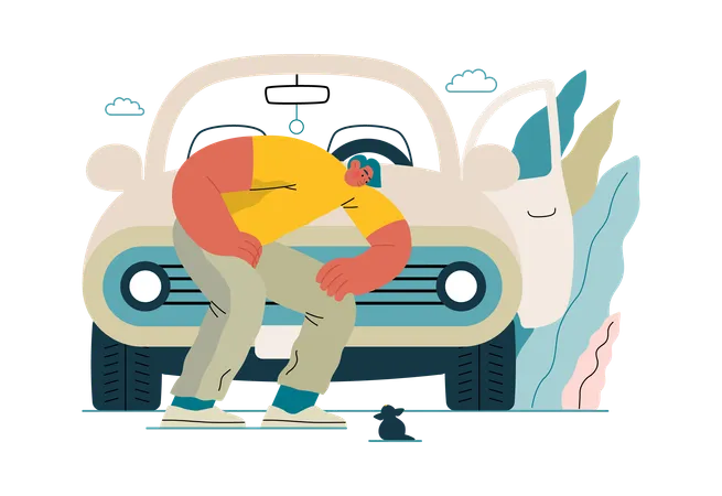 Boy's car breaks down  Illustration