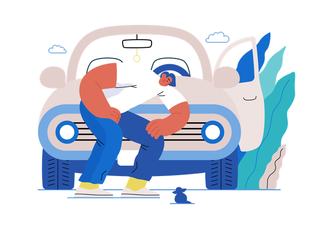 Boy's car breaks down  Illustration