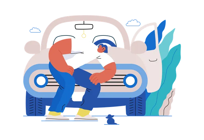 Boy's car breaks down  Illustration