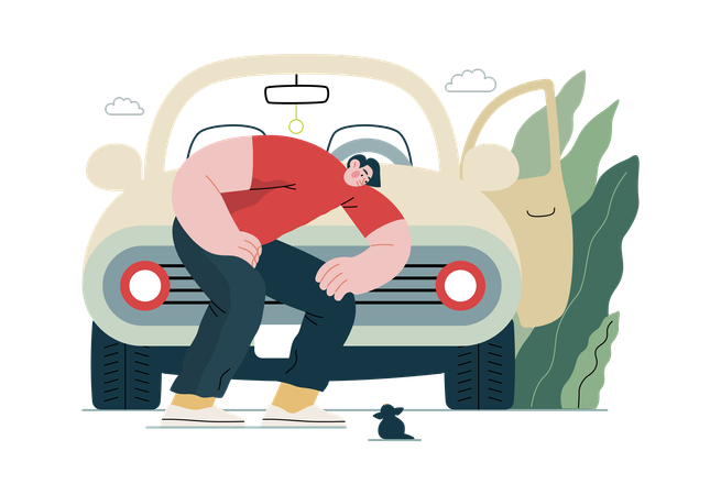 Boy's car breaks down  Illustration