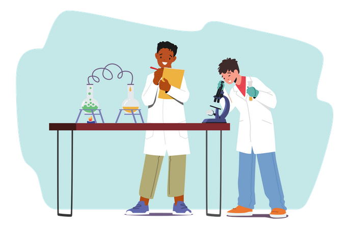 Boys Conduct Chemical Experiment Illustration
