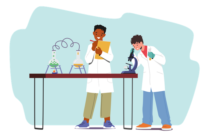 Boys Conduct Chemical Experiment  Illustration