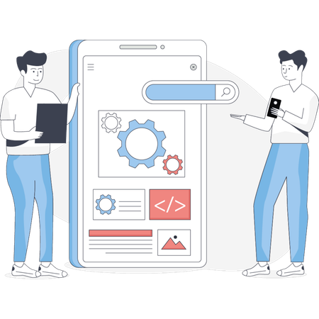 Boys discuss about dashboard seo optimization  Illustration
