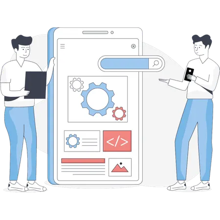 Boys discuss about dashboard seo optimization  Illustration