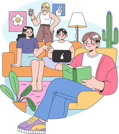 Boys doing group study at home  Illustration