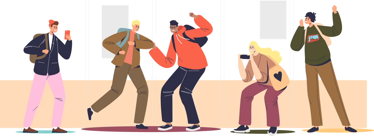 Fight In School With Two Boys Fighting And Schoolchildren Bullying And Filming Conflict On Smartphone Children And Classmates Aggression And Violence Cartoon Flat Vector Illustration Illustration