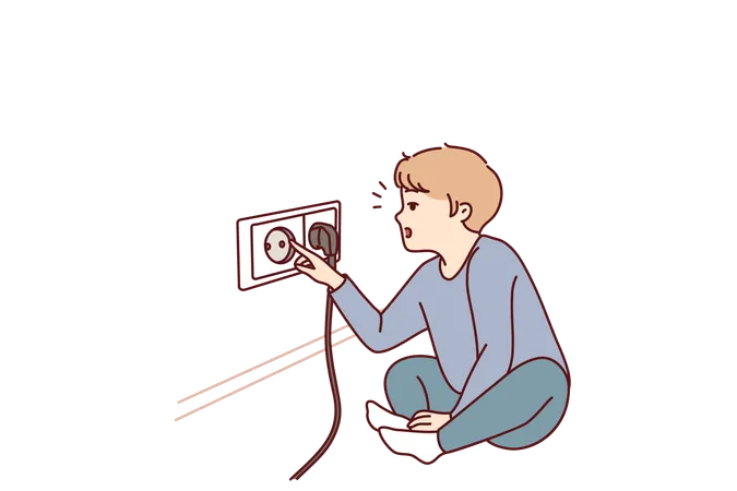 Small Boy Sticks Fingers Into Socket Playing With Electrical Equipment And Risking Electric Shock Preschool Child With Curiosity Pulls Fingers To Electrical Socket And Needs Attention Of Parents Illustration